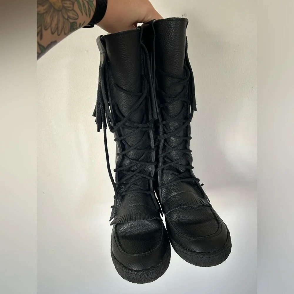 Made In Canada Black Leather Fringed Mukluks Fleece Lined Boots Lace-up 10 M - Picture 4 of 13
